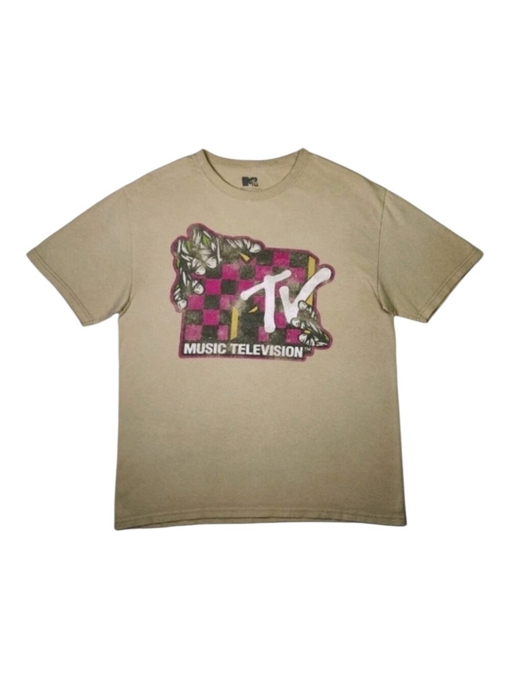 Retro Y2K MTV Music Television Distressed Graphic T-Shirt Tan Medium Skater 90s